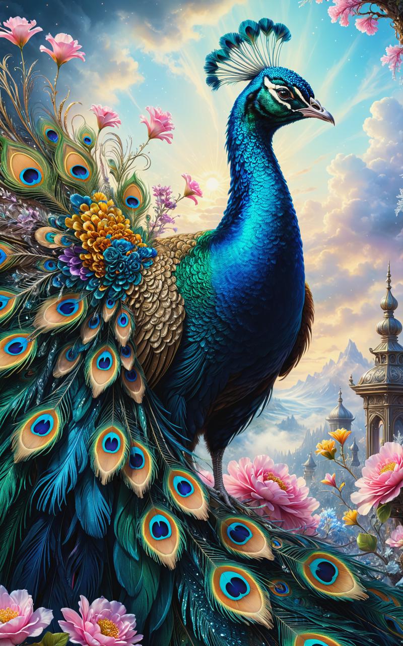 10402-3504313363-olpntng style, 3d, hyperdetailed and intricated fantasy peacock, hoarfrost plumage, hyperdetailed surreal background with flower.png